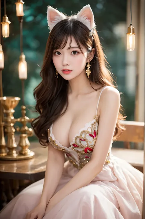 Young woman with long, wavy, pastel colored hair、Sitting gracefully in an elaborate fantasy-themed gown。Gowns、white、black、There is a mix of red colors、Adorned with glittering embellishments and a large bow on the bust。She has big fluffy cat ears on her hea...