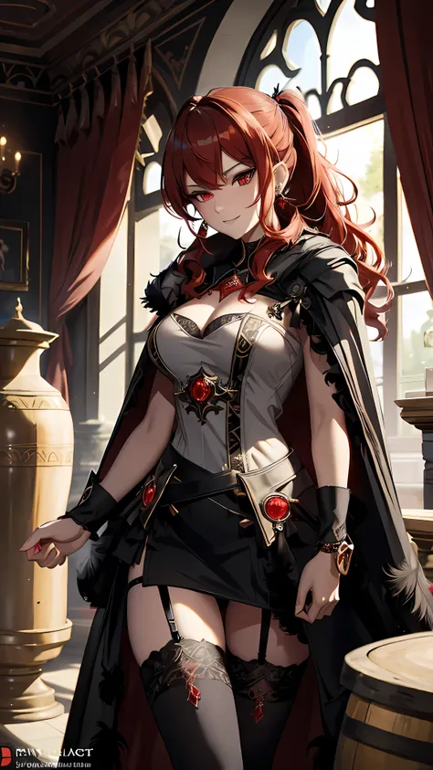 (masterpiece), best quality, expressive eyes, perfect face,red hair,wavy tail,split,big breasts,((red and black ornate ball gown...