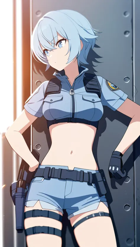 one girl, navel, boyish, cool, light blue hair, short pants, special force, medium breasts, gloves, leg belt, beautiful girl