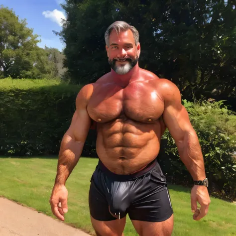 (handsome mature man), (50 yo), white man, wearing black shorts, nice bulge, (beefy:1.3), beard, looking at viewer, beautiful man, detailed eyes, symmetric face, smirk, robust, greying hair, full body, nice bulge, big bulging crotch, wet dripping crotch, 8...