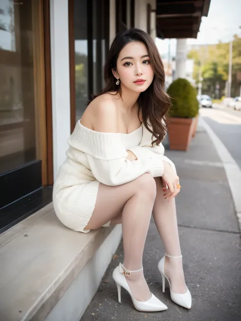 ((masterpiece)), ((Highest quality:1.4)), (Super detailed:1,4) , Cute Beautiful Mature Woman，Classy makeup，Light skin-toned stockings，Ultra-realistic pantyhose:1.3、Putting on your shoes，living、Full body portrait，Delicate face，Pretty face，30-year-old woman，...