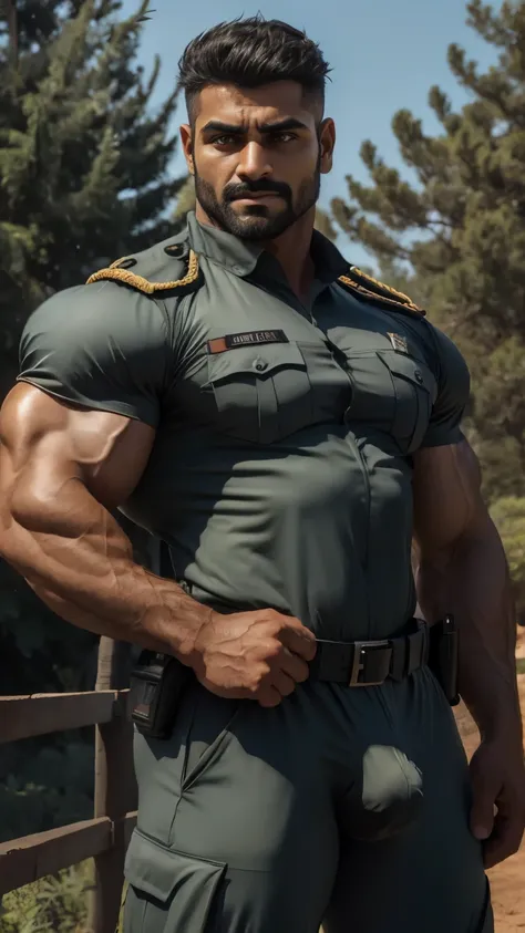 30 years old indian commando in commando uniform with holding a big bulge masterpiece, Best Quality, ultra detailed, 1 man, young male, muscular, piece, Only, sportsman, beef, negro skin, negro, tanned skin, latino, 3, negro hair, gray fur, goatee, too sho...