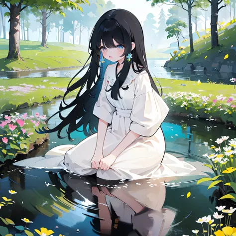 A girl with long black hair wearing a white dress went on a fun adventure in the forest.。She discovered beautiful flower fields and clear rivers.。 「Wow、Beautiful flower garden！」
