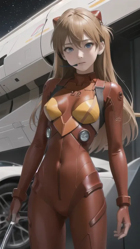 (俯瞰figure),Dynamic Angle,Very detailed, figure, close, Straight, One girl, 
 ((Soryu Asuka Langley, Interface Headset, Red bodysuit:1.4, blonde)),Her eyes shone like dream-like stars,(Glowing Eyes:1.233),(Beautiful and detailed:1.1),(Expressionless,Mouth c...