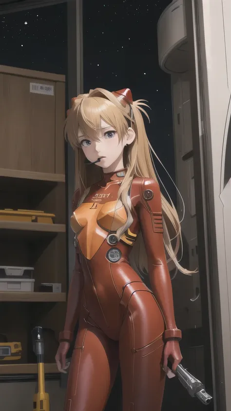 (俯瞰figure),Dynamic Angle,Very detailed, figure, close, Straight, One girl, 
 ((Soryu Asuka Langley, Interface Headset, Red bodysuit:1.4, blonde)),Her eyes shone like dream-like stars,(Glowing Eyes:1.233),(Beautiful and detailed:1.1),(Expressionless,Mouth c...