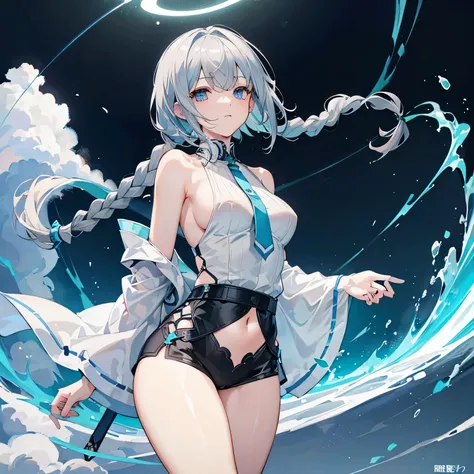 Light blue hot pants 1.8、((Highest quality)), ((masterpiece)), (detailed), Young,Slim body,1 girl 1.3, ((Gray Hair))(Braided shortcuts)Sky Blue Eyes、Anatomically correct 1.4、Put a long black robe over your shoulders 1.6、White shirt、Exposed thighs、Plump thi...