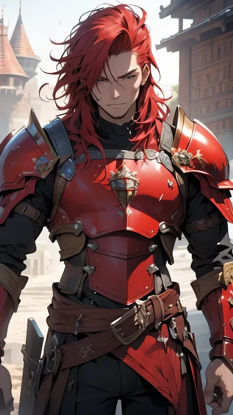 (Red-haired man、knight、Warrior、mercenary)、(Red Armor、Gold decoration、muscle、Massive)、(Fantasy Castle)