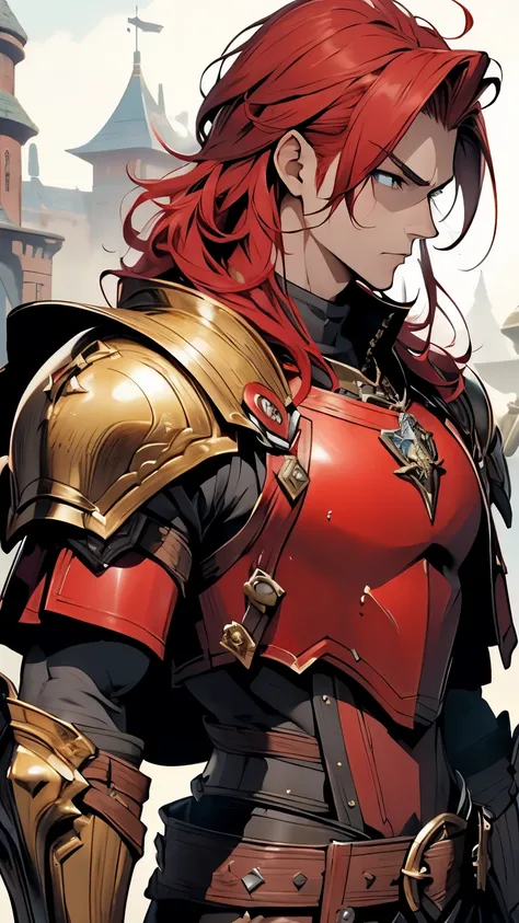 (Red-haired man、knight、Warrior、mercenary)、(Red Armor、Gold decoration、muscle、Massive)、(Fantasy Castle)