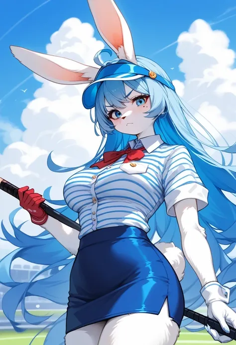 score_9, score_8_up, score_7_up, score_6_up, score_5_up, score_4_up, source_anime, source_furry, best quality, masterpiece, 1 female, (anthropomorphic Rabbit, furry, kemono), golf club, single glove, blue hair, solo, long hair, mole under eye, visor cap, s...