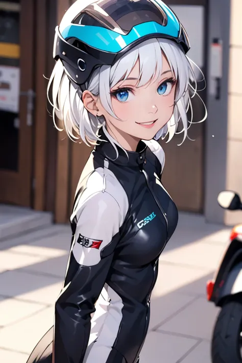 Girl, white hair, blue eyes, smiling, human like eyes, wearing uniform, (holding a motorcycle helmet in hand), short hair
