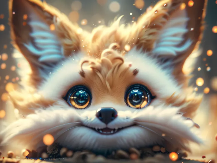 Magical Fantasy Creature, (best quality, masterpiece, Representative work, official art, Professional, Ultra high detail, 8k:1.3) super cute, big-eyed, with a soft, gentle nose, fluffy, smiling with two teeth, fennec fox on a natural background, realistic,...