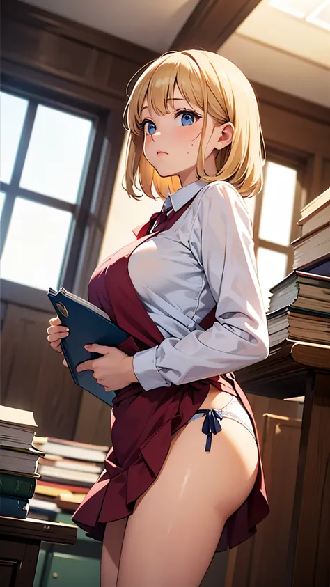 Blonde、blue eyes、Naked Apron、((Camera angle looking up from below)).A shy and embarrassed expression、((Low - Angle:1.3)).((Out-of-place clothes、Showing a little bit of underwear)),((Highest quality)), ((masterpiece)), (detailed),One girl, (Large Breasts:1....