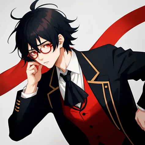 1boy, anime, unkempt_short_wavy_hair, black_hair, navy_blue_long_coat, red_waistcoat, black_ascot_tie, red_eyes, white_background, black_glasses, looking_at_viewer, close-up