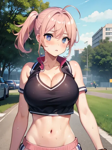 High quality, boob, cleavage, sport uniform, beautiful eyes, accurate eyes, sweaty, explicit pose, running traffic field, outside, pink hair