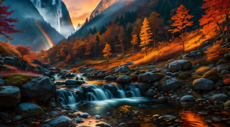 masterpiece,best quality,lycoris,Rocky valley, waterfall,small stream,depth of field,twilight,orange sky,sunset,glow, glowing rainbow over the stream,maple, mountain ((tileset))