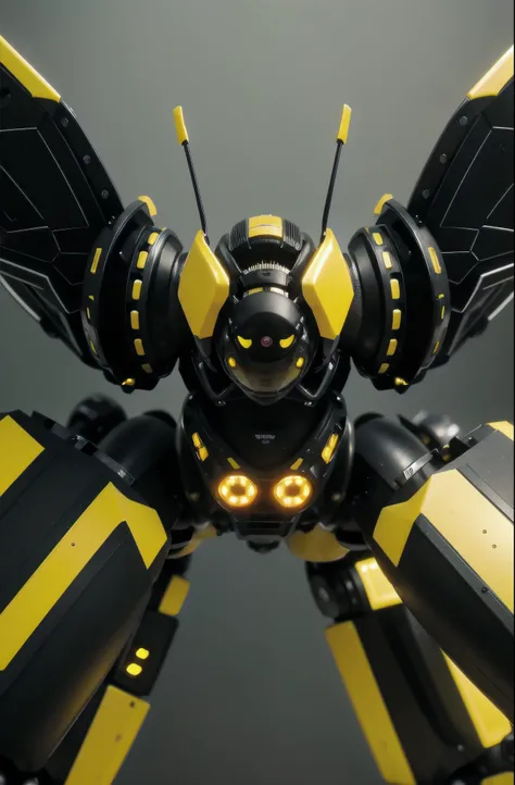 Macro close up view of robotic bees, it has head that emulate Monochrome TV Screen in square, steel and gear on legs, yellow metal body, translucent wings. background black and yellow, bokeh background, explosion