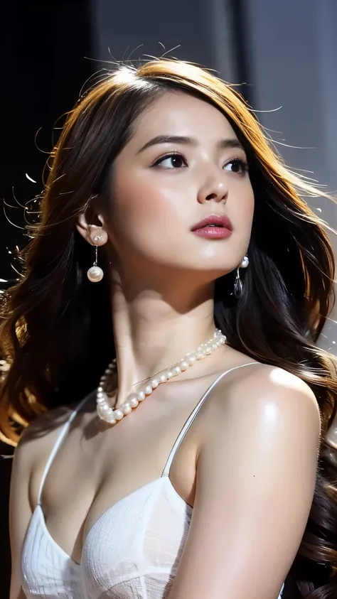 masterpiece, 最high quality, 1 girl, (Large Breasts)， Long Hair，(Alexandra White Mesh Bodysuit，Glowing Skin, )，(Looking at the audience), (Body facing the audience)，(Accurate、perfect face shape:1.3)，（Beautiful fingers），(Pearl Necklace)，Ultra HD，Ray Tracing,...