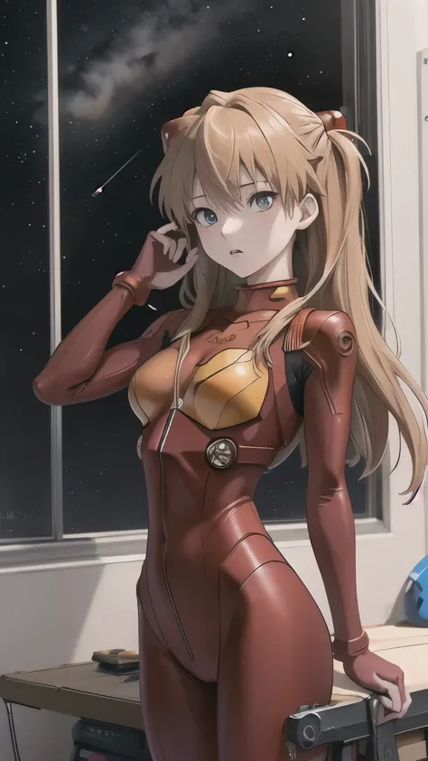 (俯瞰figure),Dynamic Angle,Very detailed, figure, close, Straight, One girl, 
 ((Soryu Asuka Langley, Red bodysuit:1.4, blonde)),Her eyes shone like dream-like stars,(Glowing Eyes:1.233),(Beautiful and detailed:1.1),(Expressionless,Mouth closed),(Are standin...