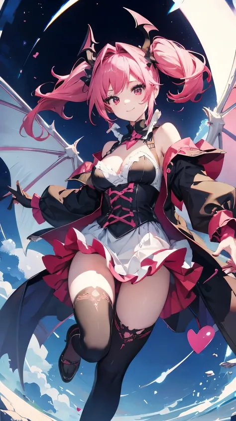 ((Fantasy　Pink Hair　Please dye the inside of your hair red　Twin tails　Dull red eyes　Succubus　Maid clothes　Put on a coat without putting your arms through it　Bat Wings　Wings many times larger than me　Lonely　Smiling Kindly　Devil horns　Chest Opening))　((smile...