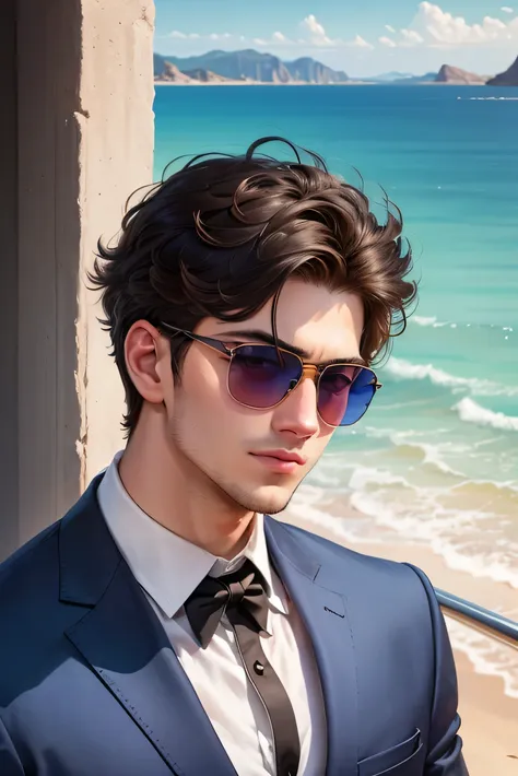 Just draw the face of a young millionaire man wearing sunglasses looking at a beautiful view