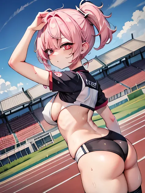 best quality, no muscle, ((eye quality)), standing, low back angle,(sexy butt), long leg, track & field uniform, (sweaty), track&field, outside, pink hair, no design on uniform, belly button, white top, black short, arms up, explicit angle, big boob,