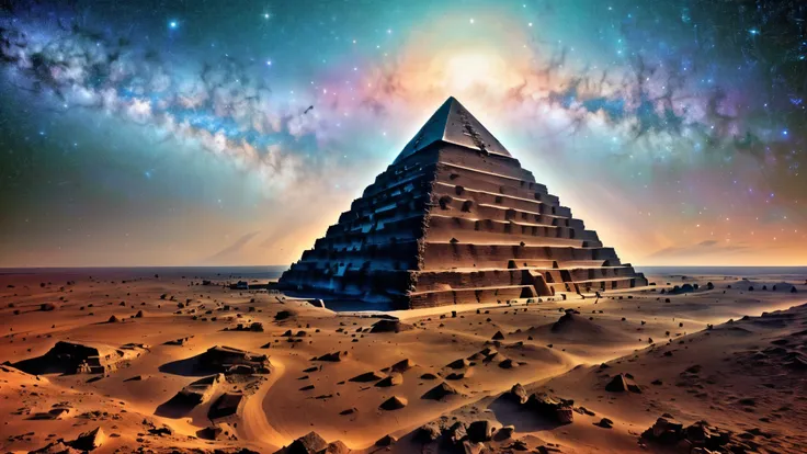 an ancient pyramid floating in an infinite universe. the stars on the pyramid are sparse. masterpiece, sharp, ultra detailed, 8k...