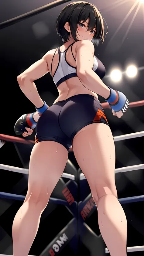 nanasaki, nanasaki ai, ai nanasaki, Dynamic Angle, Detailed eyes,(wearing sports wear:1.5, bare thigh), Her slim legs are really cute.,Very beautiful long legs, Perfect body,(Independent),(on MMA Arena :1.5),smirking, Toned stomach,Ultra HD,Detailed eyes,D...