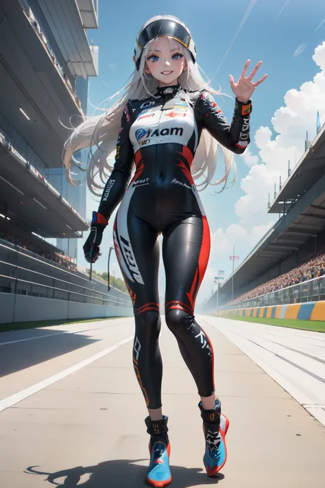 A girl stands on the race track. She has a motorcycle helmet in her hand. She stands alone on the track. In the background you can see the race track fence and some racers. BREAK. The girl looks at us happily. She smiles and waves to us. BREAK. She has sho...