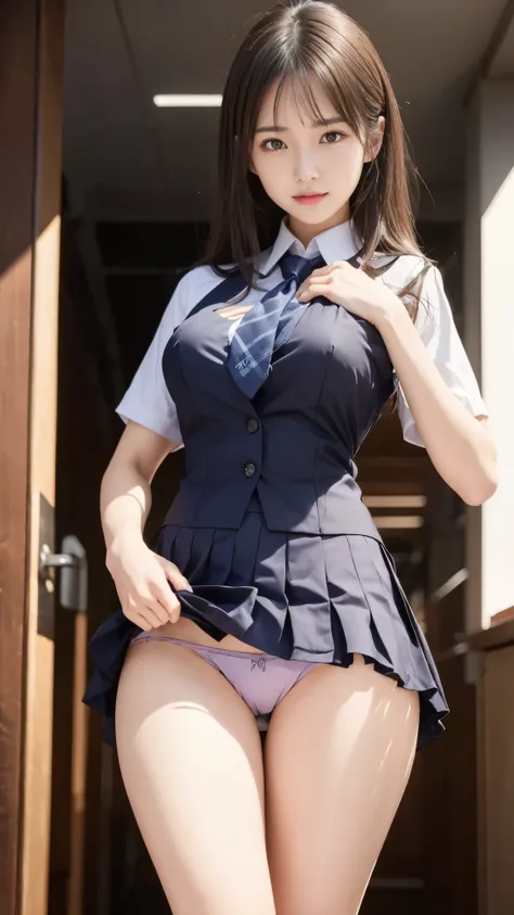 whole body, From below見上げるアングル，(Student uniform with tie on chest)，In the school hallway，Ultra Mini Navy Blue Pleats，Slim and beautiful thighs，((One Girl,Panty shot，Lift the pleats)),Wearing panties，From below,Short black hair，Large Breasts，Slender，Narrow ...