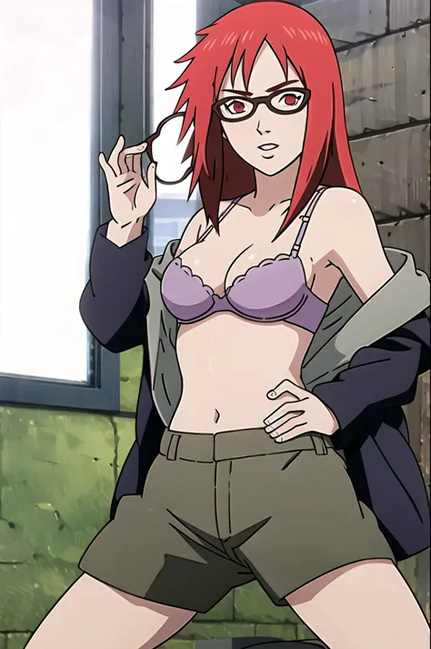 Open shirt showing bra sexy body wearing glasses red eyes 