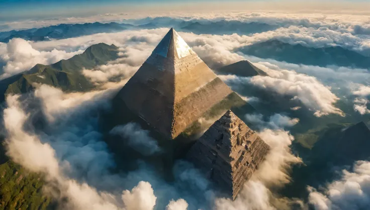 aerial view of giant pyramid mountain towering above the cloud, natural light, symmetrical pyramid, (extremists wide angle:1.5),...