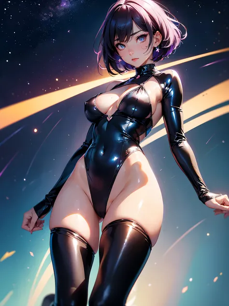 (Anime-style face), (((The shiny full-body tights are a deep purple color that is almost black.,Navel exposed、big slit、High leg、Exposing the underboob))), ((Shiny costumes)), ((skindentation)), skinny, 一peopleで, 1 female, masterpiece, Highest quality, High...