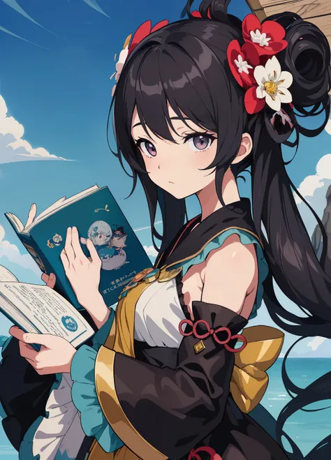 (masterpiece、Highest quality、Highest quality、Official Art、Beautiful and beautiful:1.2)、(One person:1.3)Hatsune Miku、Twin tails,Beautiful breasts, Katsushika Hokusai,Close-up of a cartoon character holding a book, character art of MapleStory, Alchemist Girl...