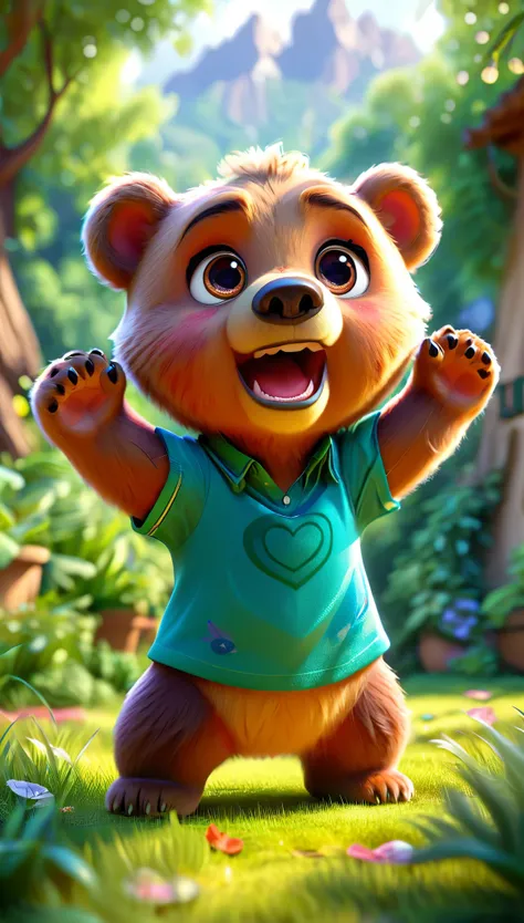 cute baby bear, cartoon , arms, hands ,cute eyes, looking at viewer, arms up, cute clothes, flawless, grass, shirt