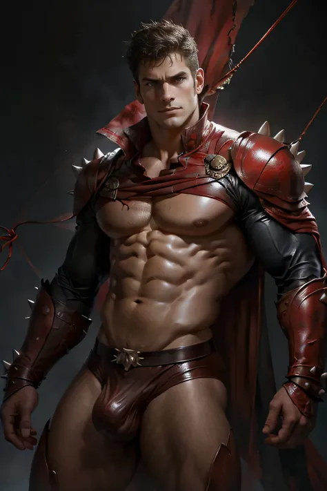 an epic portrait of a spikey hair henry cavill, lean, slight belly, no abs, wearing black glasses, seductive poses, looking intensely at the viewer, wearing a tattered string red leather jockstrap, slight bulge, in an abstract background,