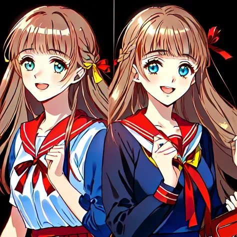 (highest quality, masterpiece, Full HD, High definition, well-colored: 1.6), height: 155cm, (Beauty hair salons promotion, Solo beautiful giggling noble elegant 15yo girl wares red-sailor-styled uniform with leather school bag is inviting me into deep extr...