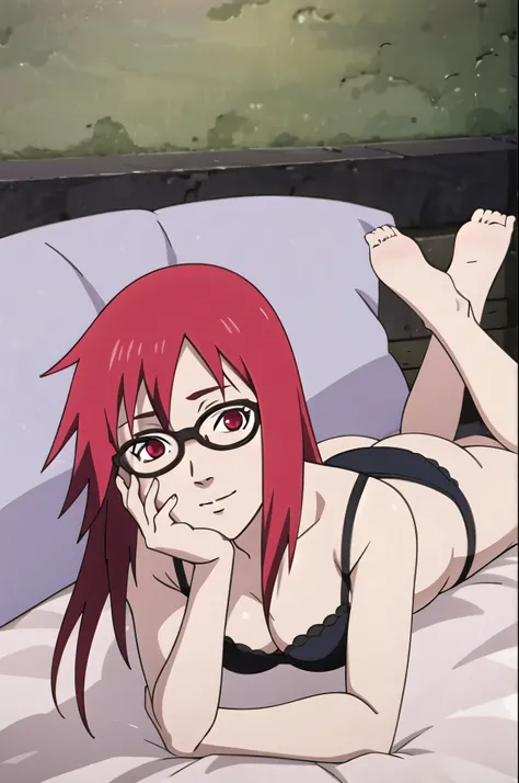 Lying in bed wearing panties wearing a bra wearing glasses red eyes 