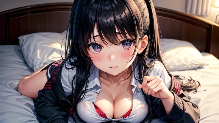 On the bed in the room、A high school girl rolls up her uniform to highlight her cleavage。Black hair and a playful personality。The camera angle is as if it is looking down with the subject looking up.