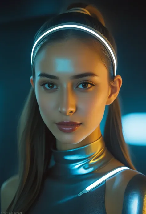 Detailed portrait, (20 year old sks woman), metallic headband, Futuristic neon reflective clothing, Perfect Face,  (Ponytail), Matte skin, pores, Wrinkle, Ultra-detailed, Surreal,, Moody lighting, Hasselblad Award Winners, Soft Diffuse Lighting, Grin, Mach...