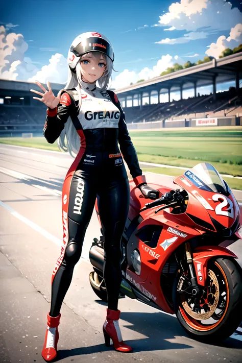 A girl stands on the race track. She has a motorcycle helmet in her hand. She stands alone on the track. In the background you can see the race track fence and some racers. BREAK. The girl looks at us happily. She smiles and waves to us. BREAK. She has sho...