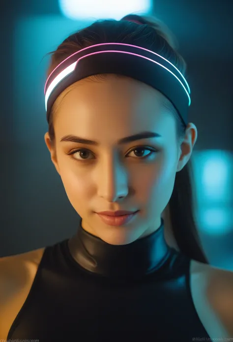 Detailed portrait, (20 year old sks woman), headband, Futuristic neon reflective clothing, Perfect Face,  (Ponytail), Matte skin, pores, Wrinkle, Ultra-detailed, Surreal,, Moody lighting, Hasselblad Award Winners, Soft Diffuse Lighting, Grin, Machine Face,...