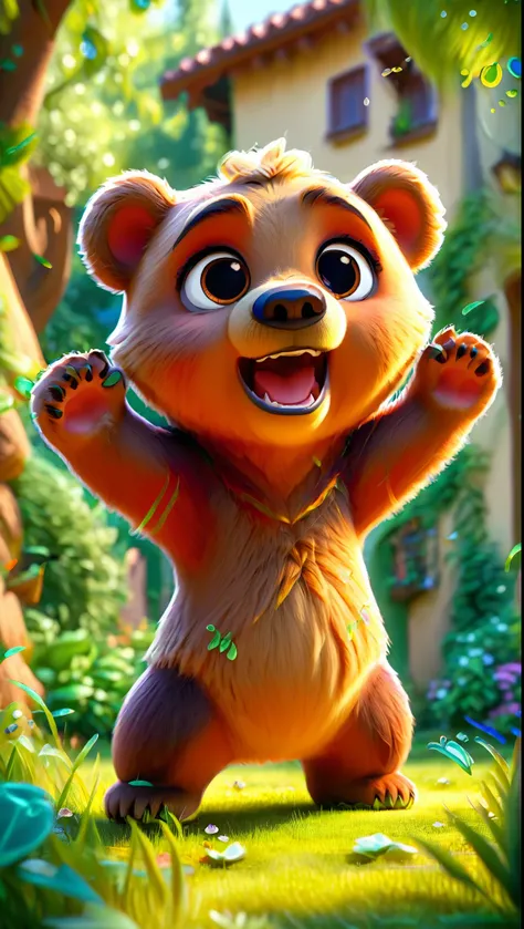 cute baby bear, cartoon , arms, hands ,cute eyes, looking at viewer, arms up, cute clothes, flawless, grass, shirt, florest, sunny, house