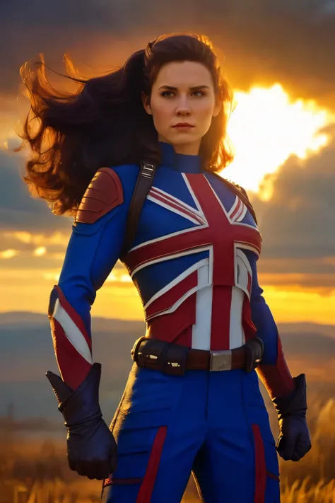 Captain Carter in her iconic Union Jack suit, standing heroically on a battlefield, shield raised, glowing with energy. The backdrop showcases a war-torn landscape with rays of sunlight breaking through the clouds, illuminating her figure. Muscular and con...