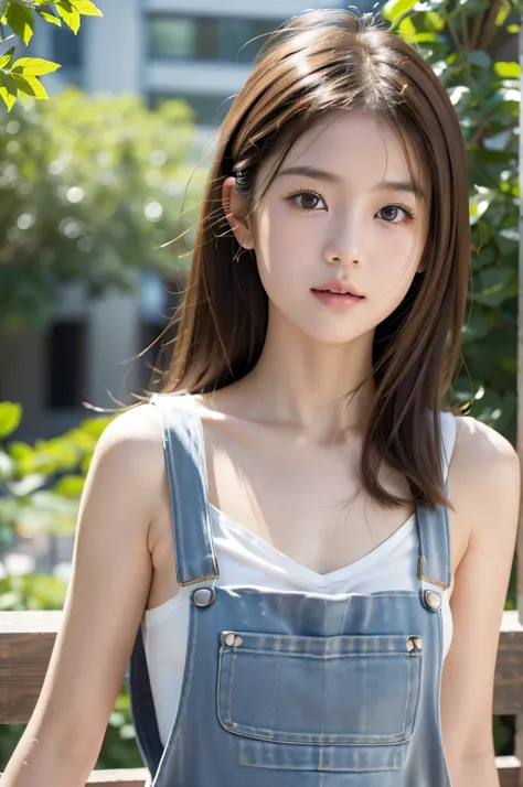 Japanese cute girl wearing Naked body with overalls on, (Naked body with overalls on), Baby Face, Brown Hair, White skin, On the terrace where the strong sunlight shines, (((Realistic))), (((High resolution))), Upper body portrait,