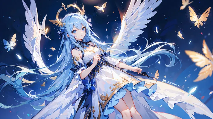 looking at the starry sky、long blue hair、child、light wings on one side、angel halo、erosu