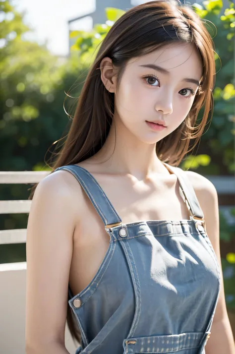 Japanese cute girl wearing Naked body with overalls on, (Naked body with overalls on), Baby Face, Brown Hair, White skin, On the terrace where the strong sunlight shines, (((Realistic))), (((High resolution))), Upper body portrait,
