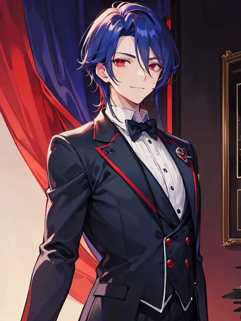 A handsome man, demon, butler, smiling, red crimson eyes color, dark blue hair color, Makai Priest