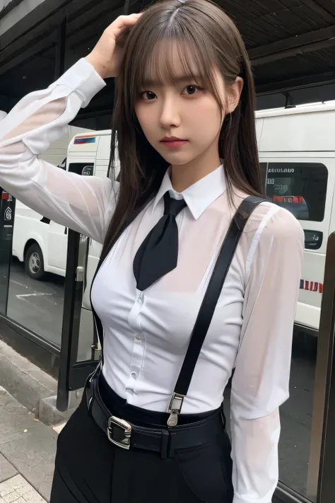 a woman in a suit, belt, hands behind back, sweating, suspenders, black pants, sexly, large breasts, see-through clothing, rain, detective, office worker, white button-up shirt, (best quality,4K,8k,highres,masterpiece:1.2),ultra-detailed,(realistic,photore...