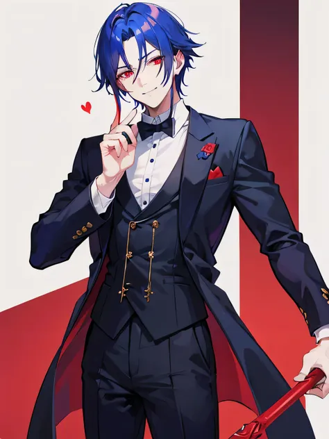 A handsome man, demon, butler, smiling, red crimson eyes color, dark blue hair color, Makai Priest