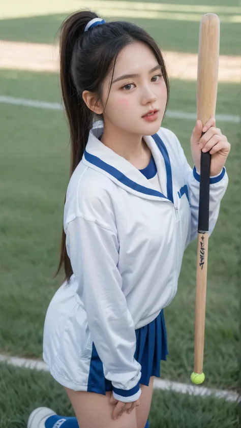 masterpiece, best quality, ultra-realistic, cute young woman, korean idol, wearing a school sports uniform, white and blue track...